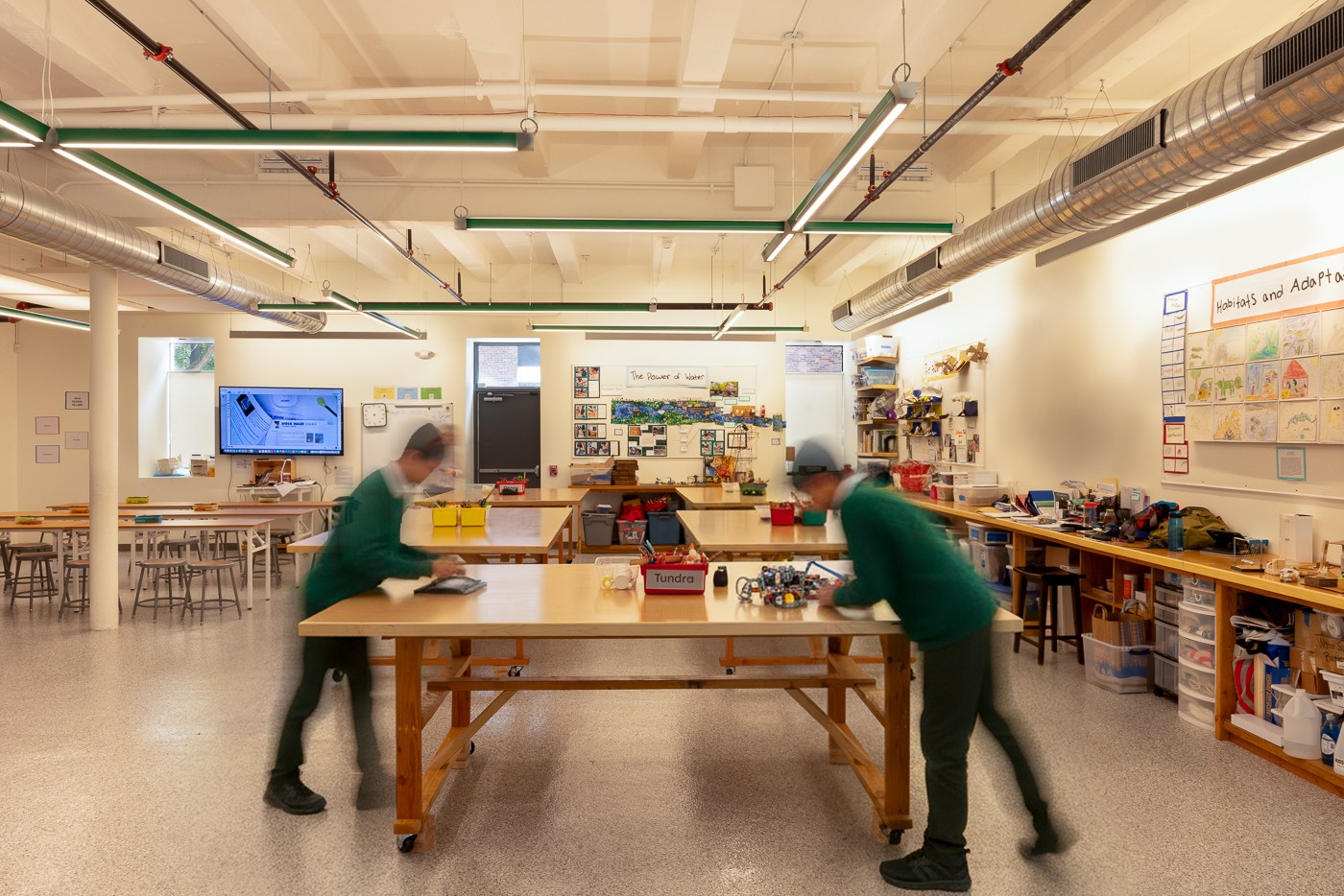 Custom-painted green BOOM fixtures use up-down light engines with comfortable 3000K lighting while QUOVA casts bright asymmetric light for wall-washing around the dedicated STEAM classroom.