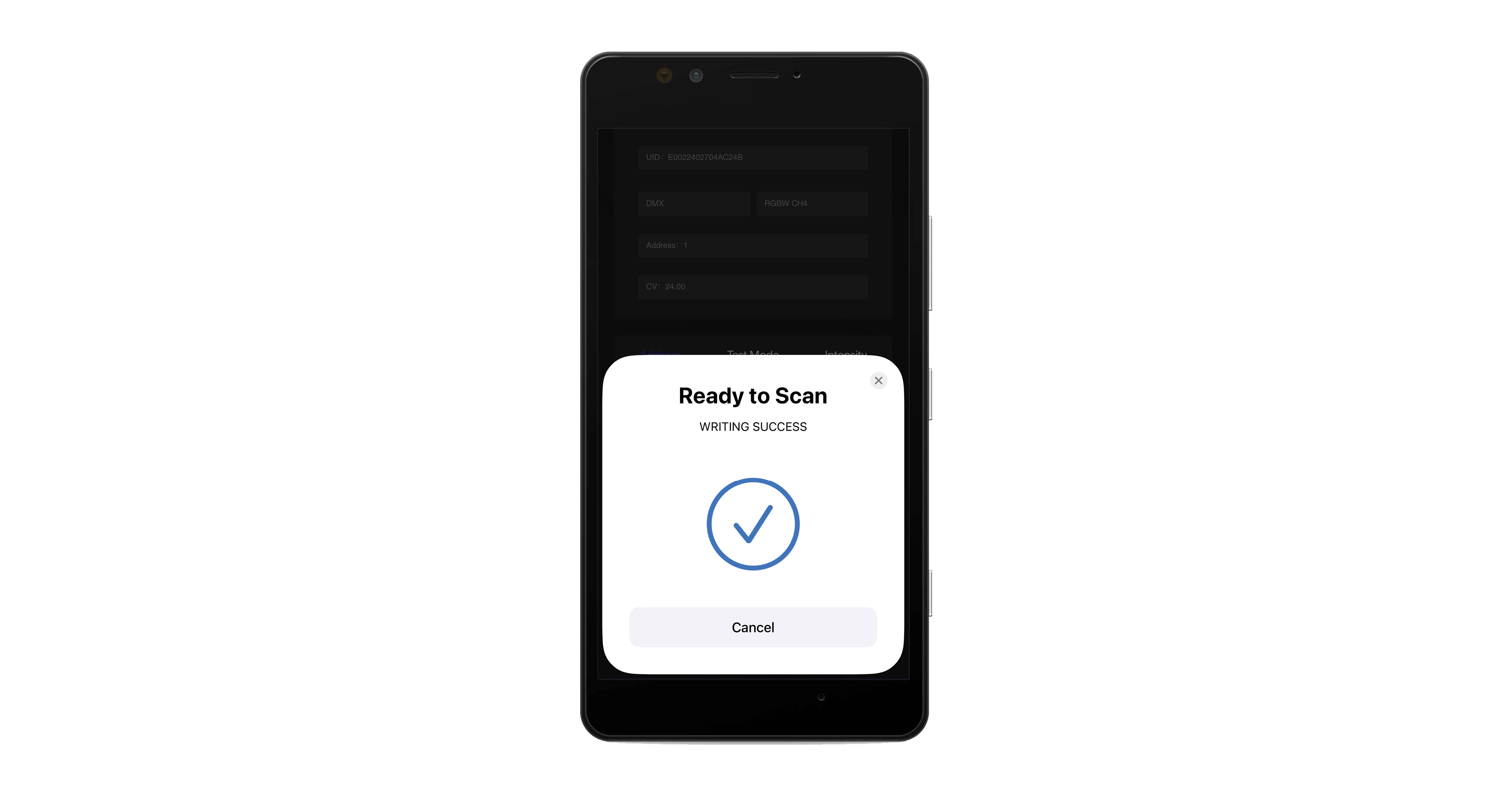 Screen display of successful DMX writing in NFC app