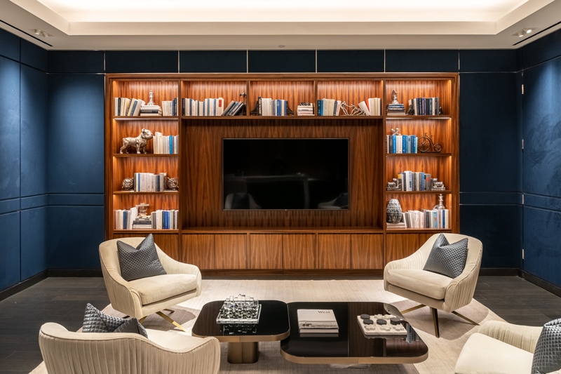 A lounge space with dark wood shelving illuminated by linear LED lights and extrusions