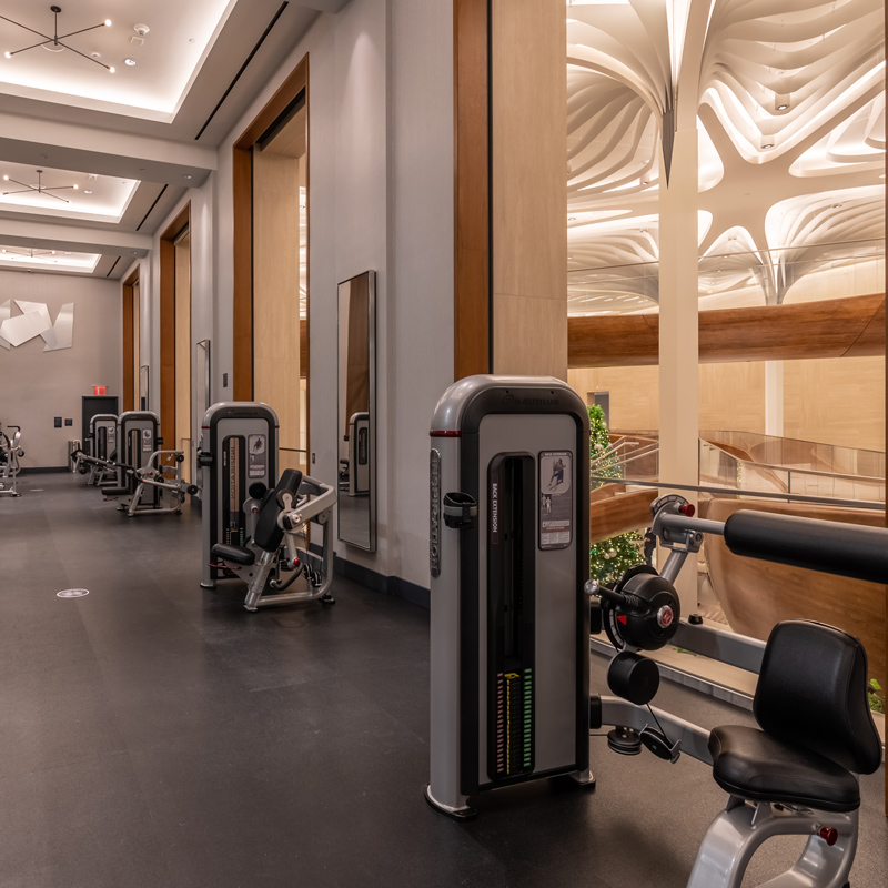 A view from the gym facility overlooking the main atrium of the Waterline Club