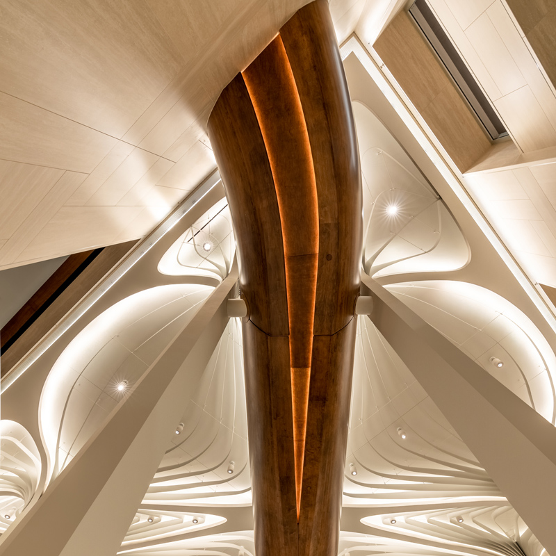 Amber LEDs shining beneath the wooden walkways