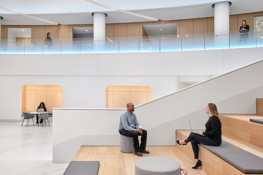 Ford Experience Center gathering area illuminated by Q-CAP fixtures