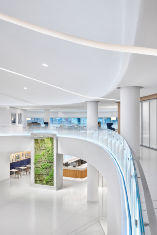 Illuminated glass railing at Ford Experience Center by Q-CAP