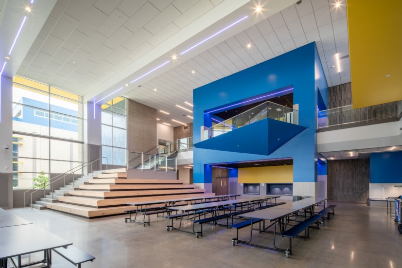 Architectural LED school cafeteria lighting by QTL at Union Middle School enhances dining space with modern illumination”