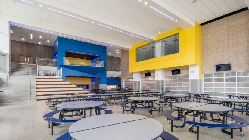 Union Middle School school cafeteria lighting by QTL creates bright, balanced illumination across dining area
