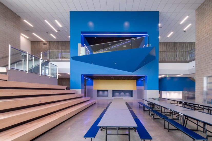 Close-up of QTL’s LED school cafeteria lighting in Union Middle School showing energy-efficient, glare-free fixtures