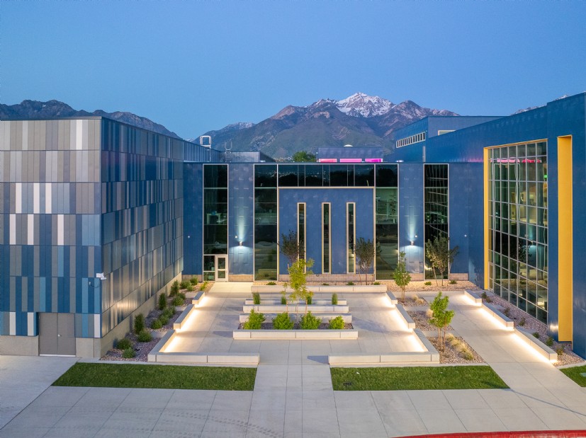 Union Middle School school exterior lighting by QTL uses energy-efficient LED fixtures to enhance campus architecture