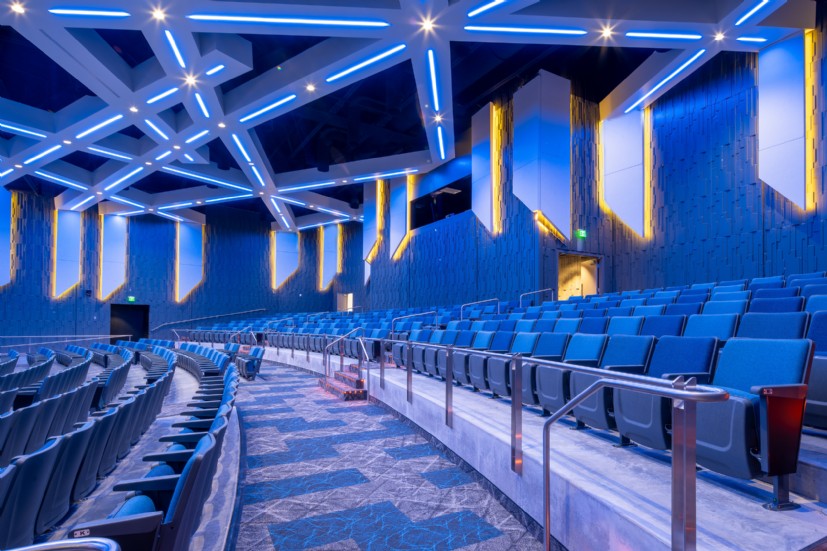 Architectural LED lighting by QTL enhances Union School auditorium stage and ceiling design