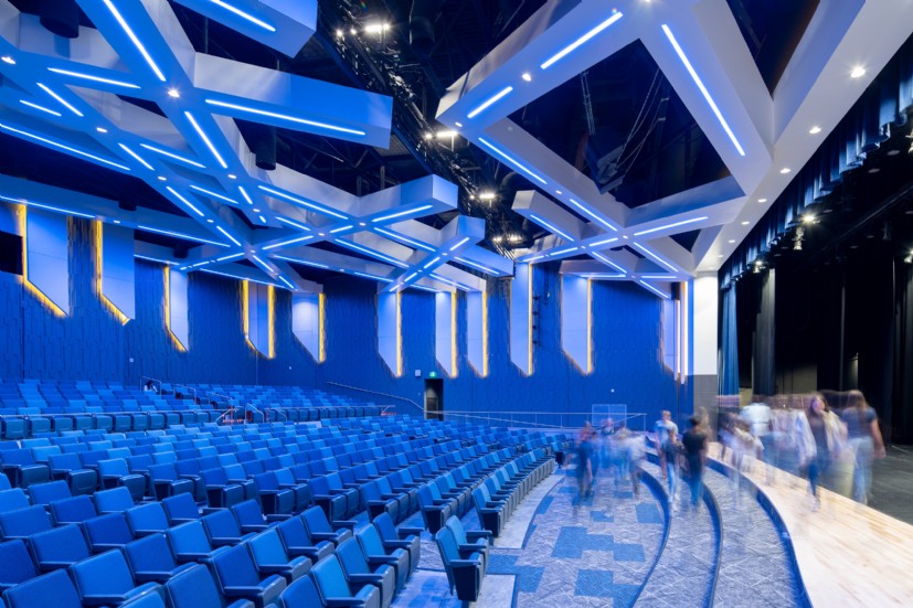 Rear view of Union School auditorium showcasing QTL’s LED lighting and architectural design