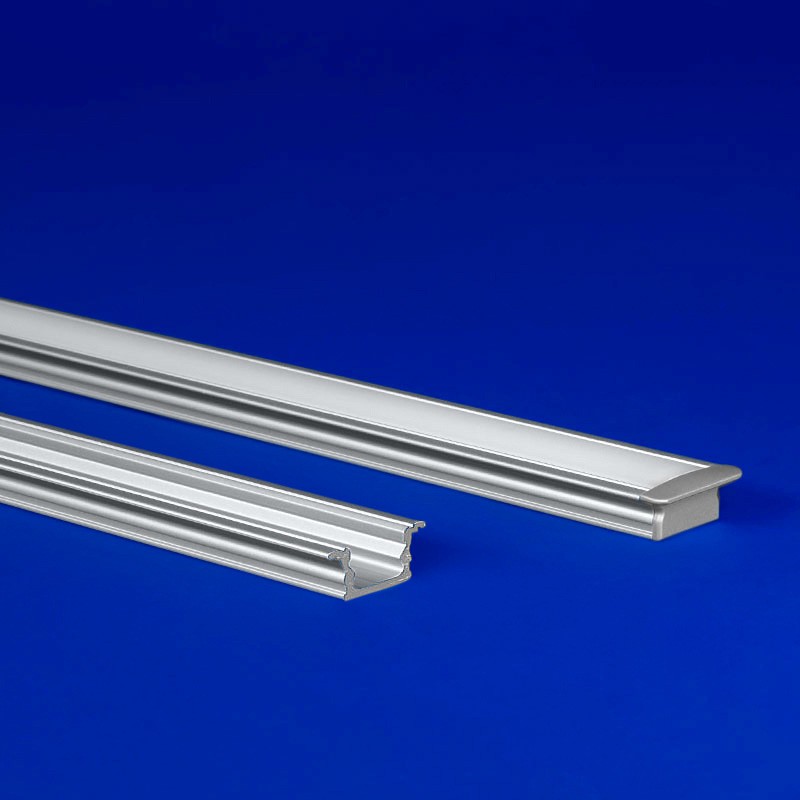 Shallow flanged LED extrusion in a choice of satin, black, or bronze finishes. Designed for surface or recessed mounting.