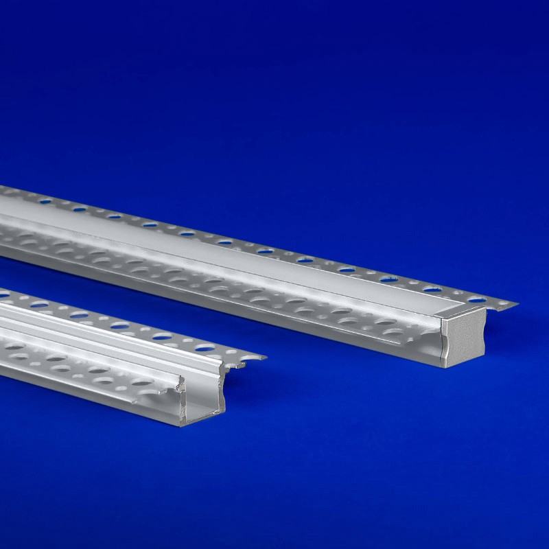 LED extrusion seamlessly integrated into drywall, with its 'wings' concealed by tape and mud. The design results in a subtle 1/10” light reveal, creating a nearly flush and continuous lighting effect within the wall.
