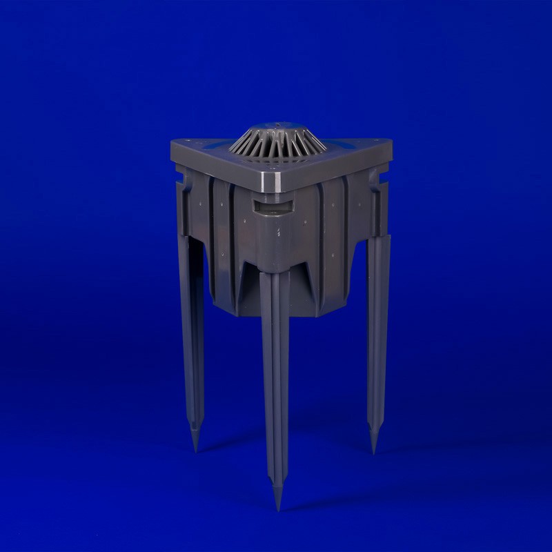 Triangular mounting stake ideal for landscape LED fixtures, offering superior stability with its tripod design. Compatible with .5” or .75” Q-CLIKs for flexible connectivity to other Q-TRIX boxes