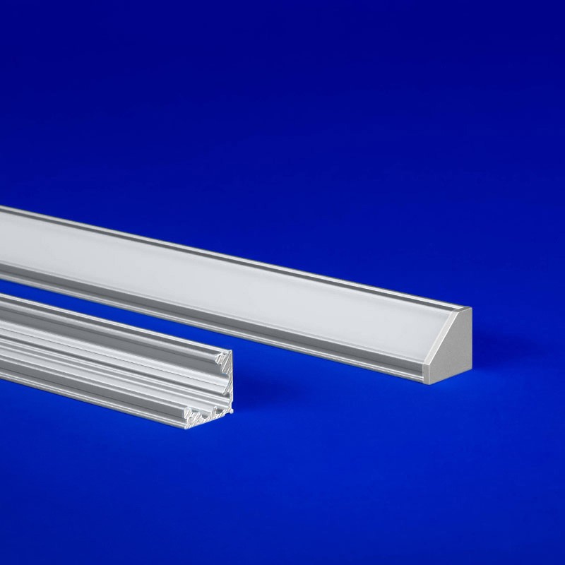  LED aluminum extrusion set at a 45-degree angle, designed for corner installations with a slim beam cutoff