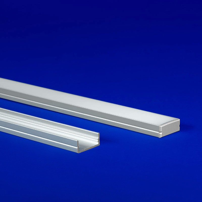 Wide LED profile in satin finish, boasting a width that accommodates the RGBW light engine, with a 97-degree light transmission through its clear lens