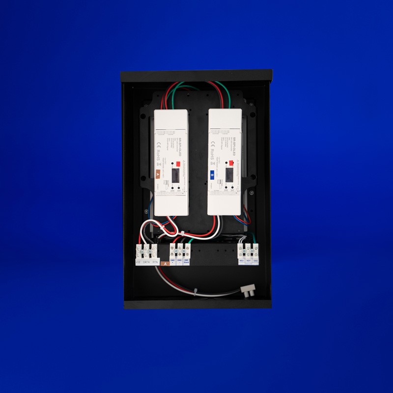 Power supply for individually addressable LED strips, suitable for 60/120W at 12VDC or 100/200W at 24VDC. Designed for indoor/outdoor use, it's controllable via DMX with up to 512 addresses and can be surface or wall-mounted.