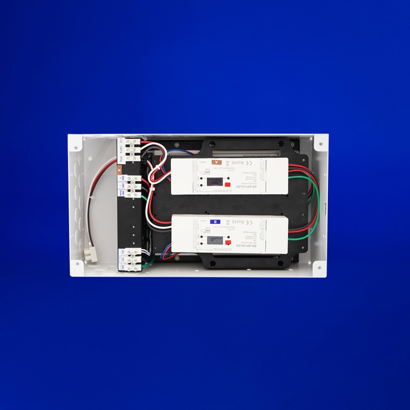 Power supply for individually addressable LED strips, 12 or 24VDC, 60-200W. Converts DMX commands to SPI signals for compatible LED strips. Prewired with terminal blocks and offers both recessed or surface mounting options.