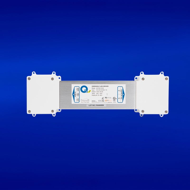 24VDC power supply for linear LED use, offering flicker-free 0-100% phase dimming. Suitable for interior/exterior settings, UL listed, Class II rated, available in satin/white and black