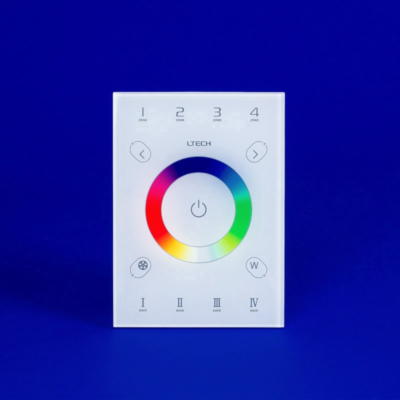 UX8 Controller: Touch-sensitive DMX-based device for architectural lighting, featuring a user-friendly display, one-touch brightness control, and customizable scenes. Comes with a color wheel for precise color adjustments, perfect for interior spaces