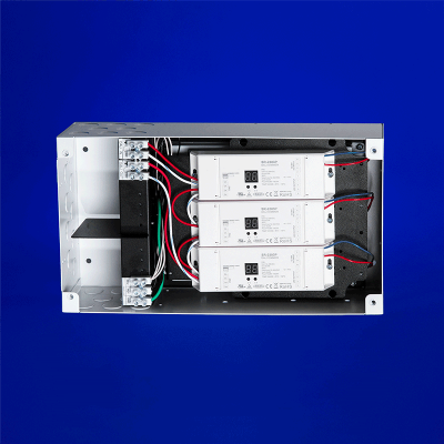 LED power supply, 100-300W at 24VDC, featuring Thomas Research Driver and DT-6 Decoders. Prewired with terminal blocks and offers both recessed or surface mounting options