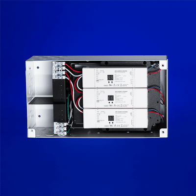 LED power supply, 100-300W at 24VDC, with Thomas Research Driver and DT-8 Decoders. Prewired unit with terminal blocks; offers recessed or surface mounting options.