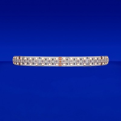 RGBW-HE24/4.0 dynamic color LED strip, glowing at 3000K with 94 lm/ft, showcasing 21 diodes every 2 inches. Comprises 7 diodes for vibrant RGB and 14 for radiant static white, ensuring enhanced luminosity