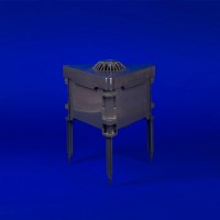 Triangular mounting stake by QTL, doubling as an underground junction box for direct burials. Offers enhanced stability for landscape lighting fixtures.