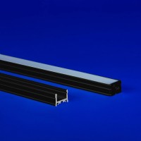 LED extrusion with a flat lens, designed for up to 6.0 W/ft LEDs, featuring hidden stainless steel mounts and grid ceiling T-Bar clip compatibility